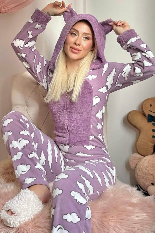 Mor Bulut Desenli Kadın Polar Peluş Tulum Pijama Takımı