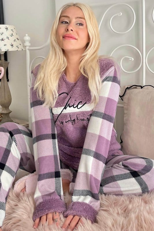 Mor Deep Chic Desenli Kadın Peluş Pijama Takımı