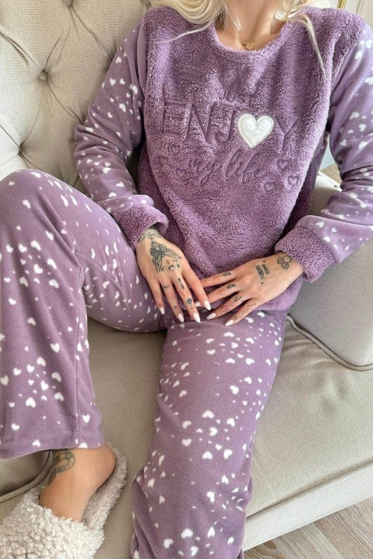Mor Enjoy Life Desenli Kadın Peluş Pijama Takımı