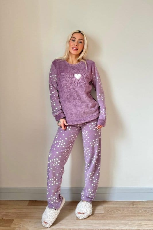 Mor Enjoy Life Desenli Kadın Peluş Pijama Takımı