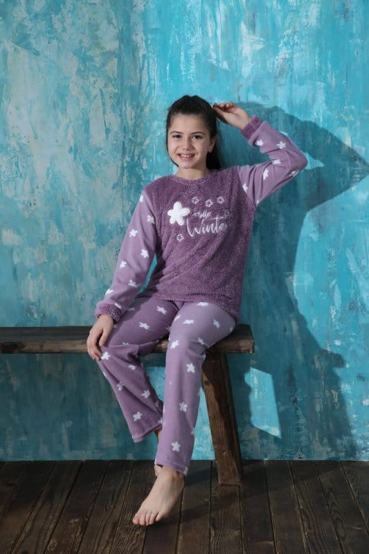 Mor Hello Winter Desenli Kız Çocuk Peluş Pijama Takımı