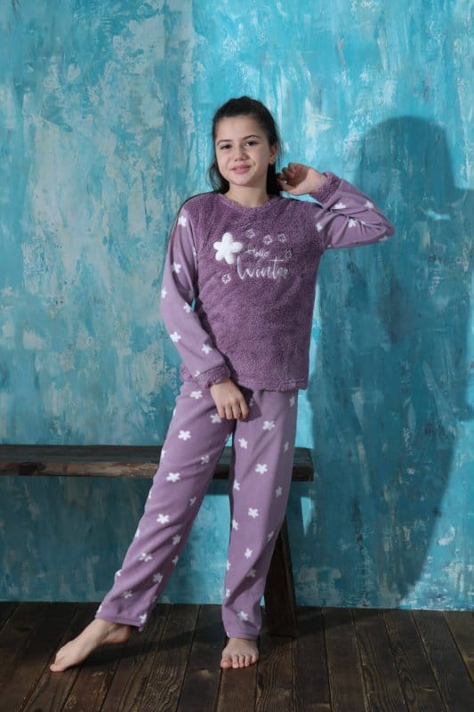 Mor Hello Winter Desenli Kız Çocuk Peluş Pijama Takımı