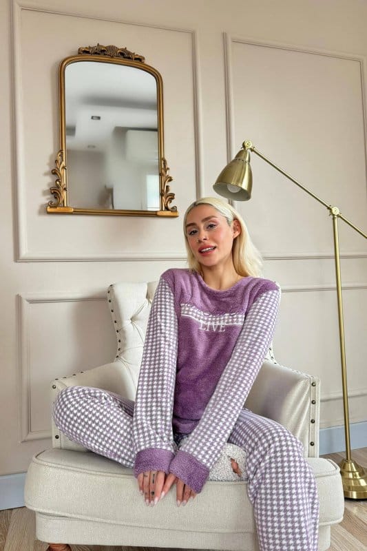 Mor Live Desenli Kadın Peluş Pijama Takımı