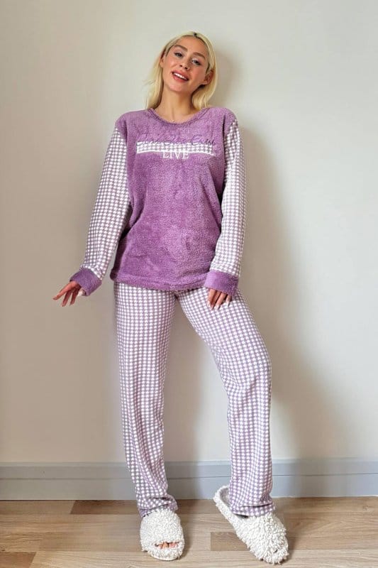 Mor Live Desenli Kadın Peluş Pijama Takımı