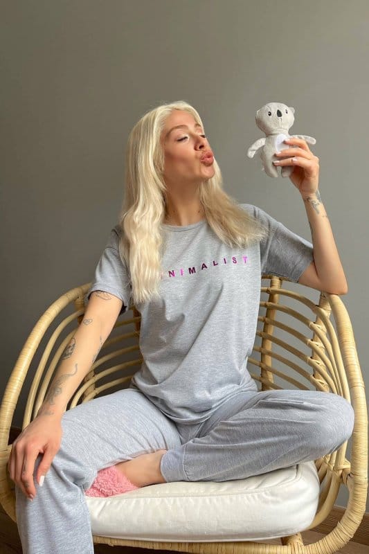 Mor Minimalist Baskılı Kısa Kollu Kadın Pijama Takımı