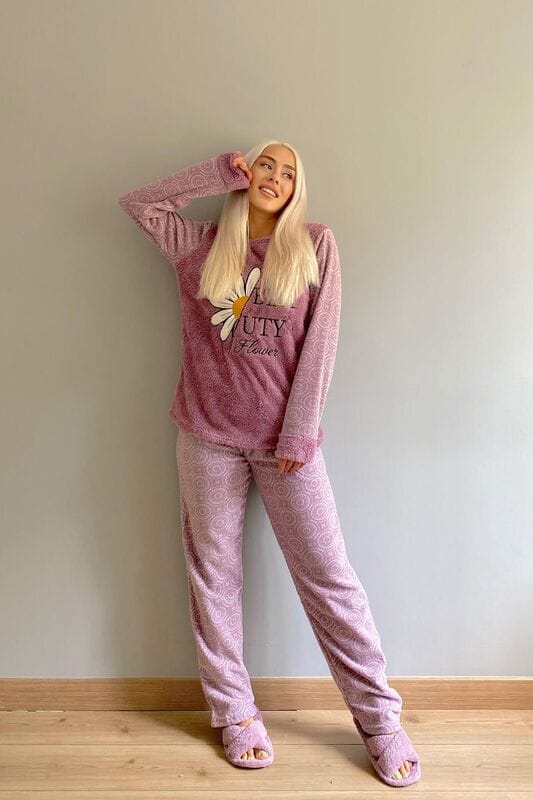 Mor Papatya Desenli Kadın Peluş Pijama Takımı
