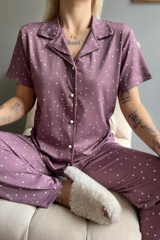 Mor Puan Desenli Örme Önden Düğmeli Kısa Kol Kadın Pijama