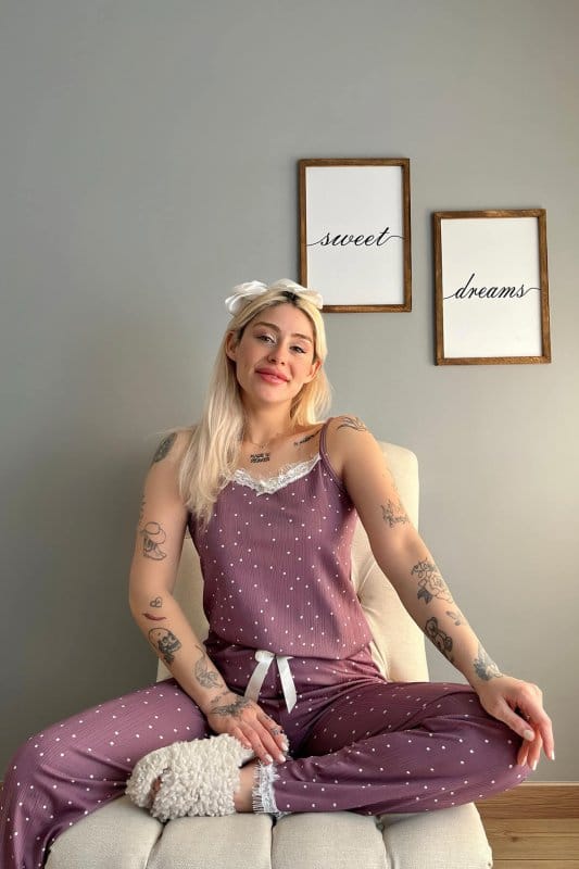 Mor Puan Papatya Dantelli İp Askılı Örme Kadın Pijama Takımı