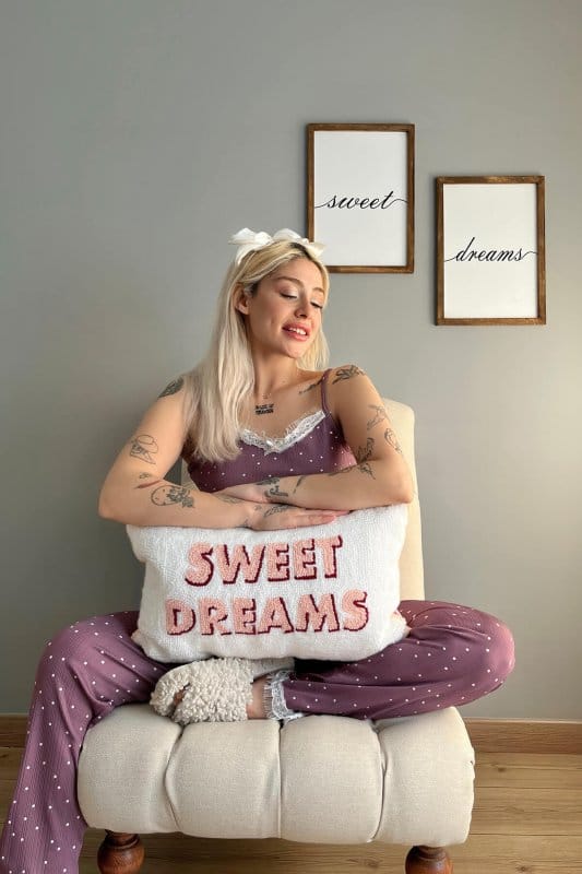 Mor Puan Papatya Dantelli İp Askılı Örme Kadın Pijama Takımı