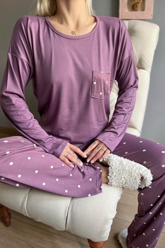 Mor Puantiye Desenli Bambu Uzun Kol Kadın Pijama Takımı