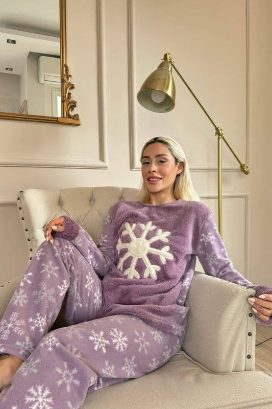 Mor Snefnug Desenli Kadın Peluş Pijama Takımı