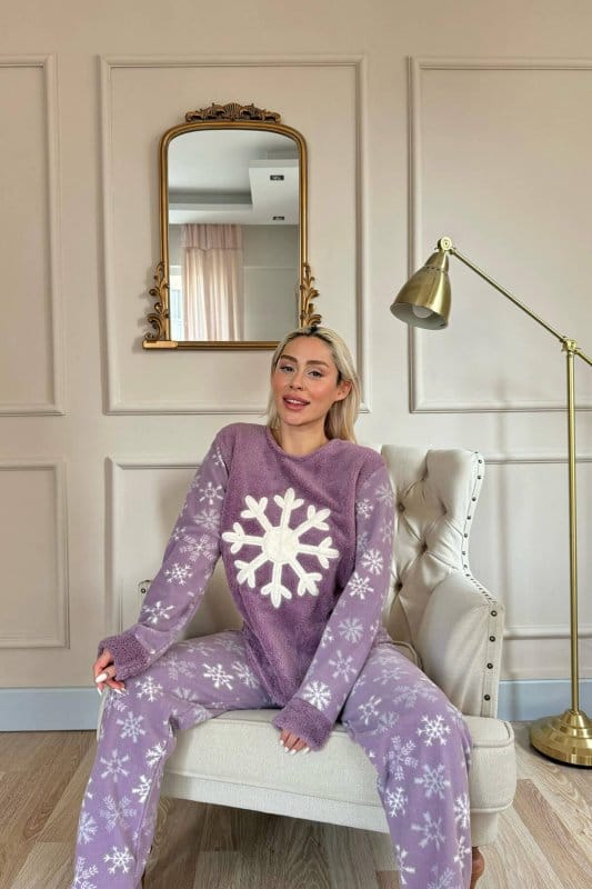 Mor Snefnug Desenli Kadın Peluş Pijama Takımı