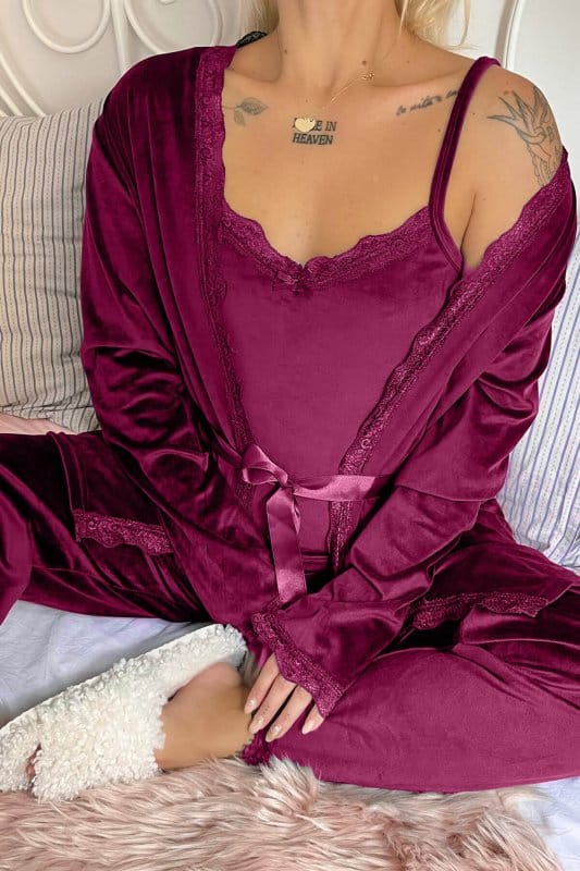 Mürdüm Garnet Exclusive Kadife Sabahlıklı Kadın Pijama Takımı 
