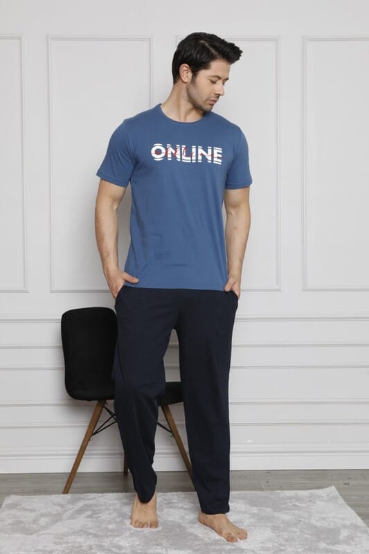 Online Baskılı Kısa Kollu Erkek Pijama Takımı
