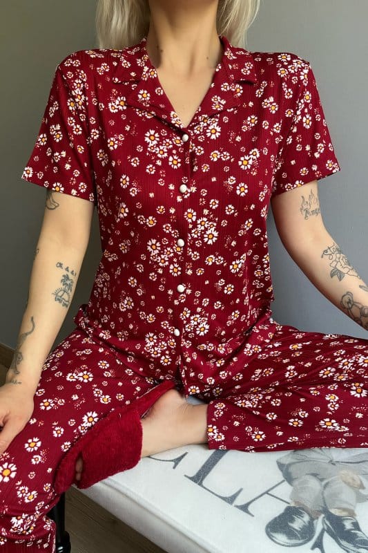Papatya Desenli Örme Önden Düğmeli Kısa Kol Kadın Pijama Takımı