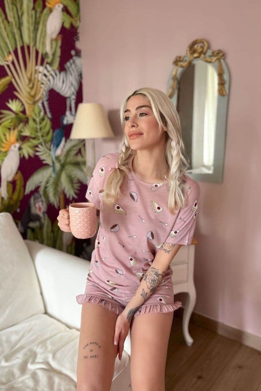 Pasta Kahve Baskılı Şortlu Kadın Pijama Takımı