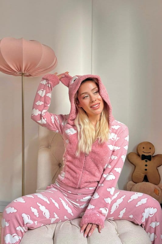 Pembe Bulut Desenli Kadın Polar Peluş Tulum Pijama Takımı