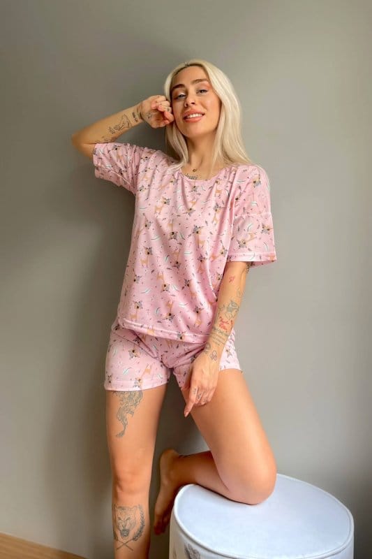 Pembe Ceylan Baskılı Şortlu Kadın Pijama Takımı