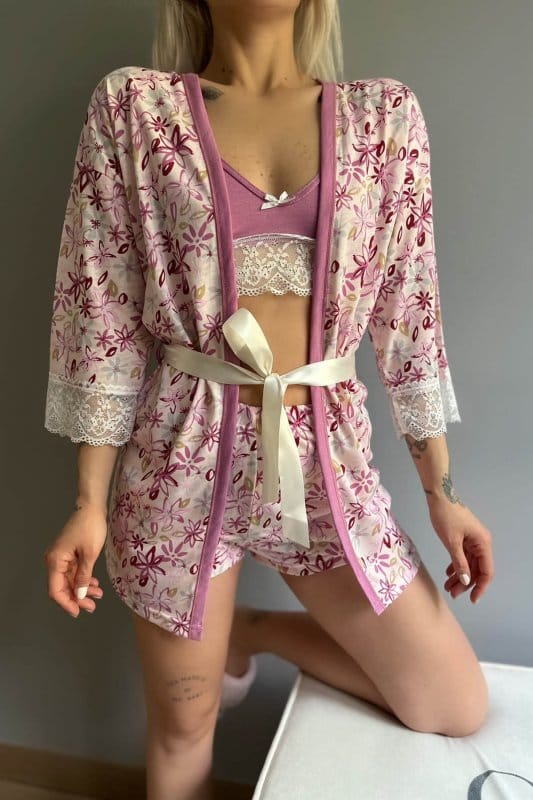 Pembe Çiçek Desenli Sabahlıklı Bralet Örme Pijama Takımı