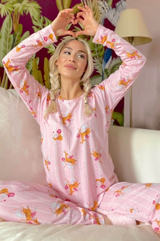 Pembe Deer Baskılı Uzun Kol Kadın Pijama Takımı