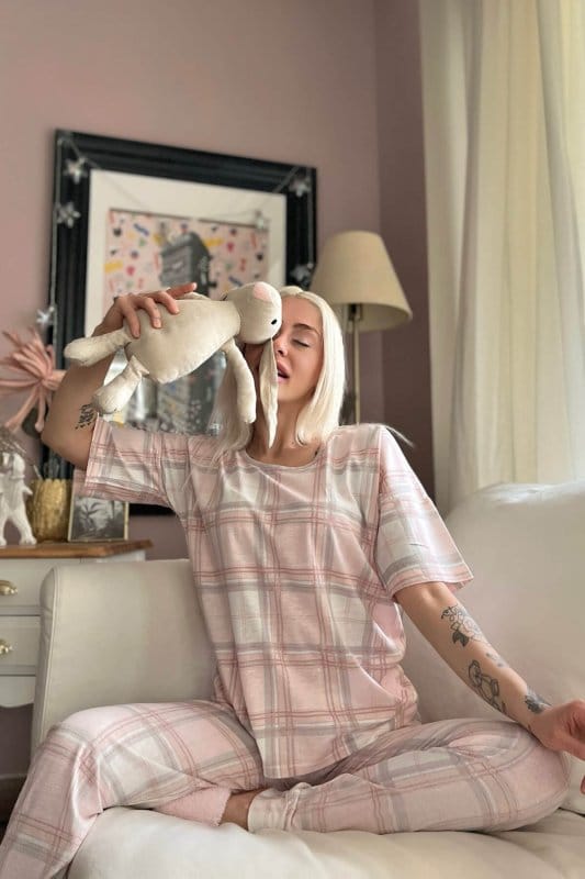 Pembe Ekose Baskılı Kısa Kollu Kadın Pijama Takımı