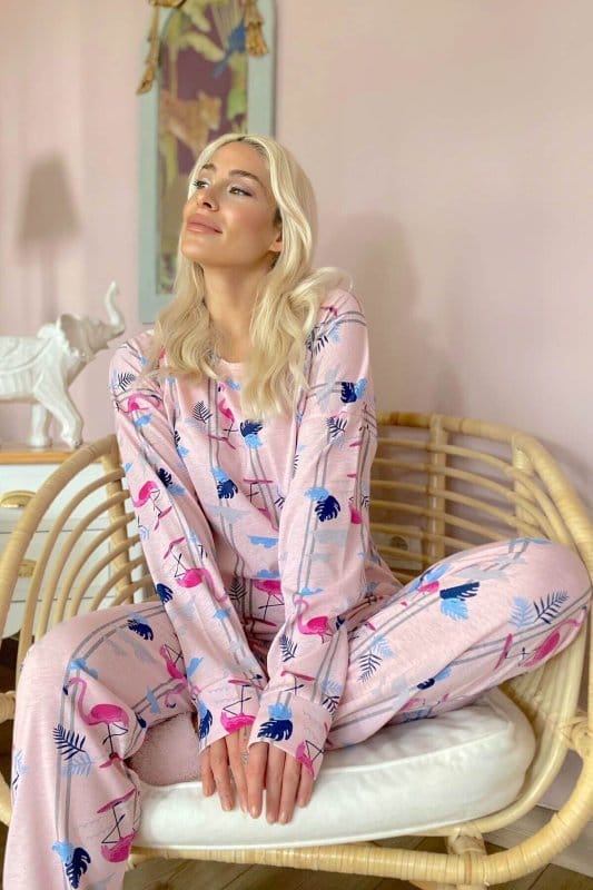 Pembe Fenicottero Baskılı Uzun Kol Kadın Pijama Takımı