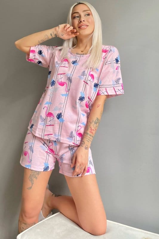 Pembe Flamingo Baskılı Şortlu Kadın Pijama Takımı