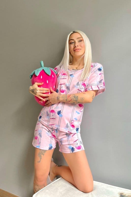 Pembe Flamingo Baskılı Şortlu Kadın Pijama Takımı