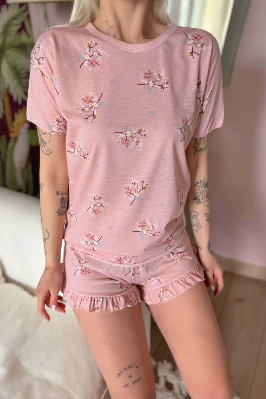 Pembe Flower Baskılı Şortlu Kadın Pijama Takımı