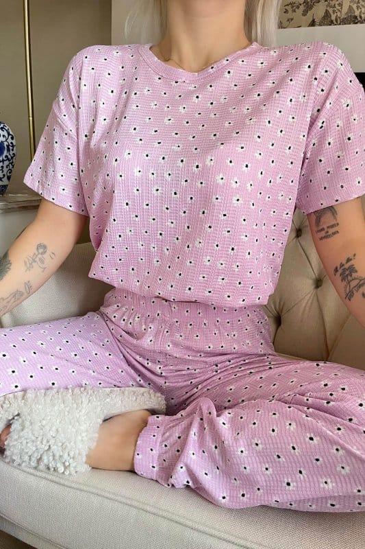 Pembe Flowers Desenli Örme Crop Kısa Kol Kadın Pijama Takımı