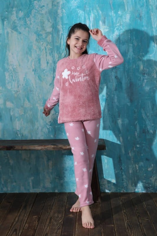 Pembe Hello Winter Desenli Kız Çocuk Peluş Pijama Takımı