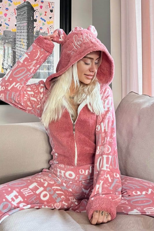 Pembe Laugh Desenli Kadın Polar Peluş Tulum Pijama Takımı