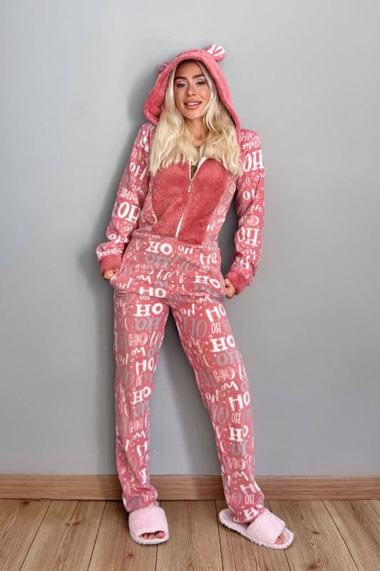 Pembe Laugh Desenli Kadın Polar Peluş Tulum Pijama Takımı