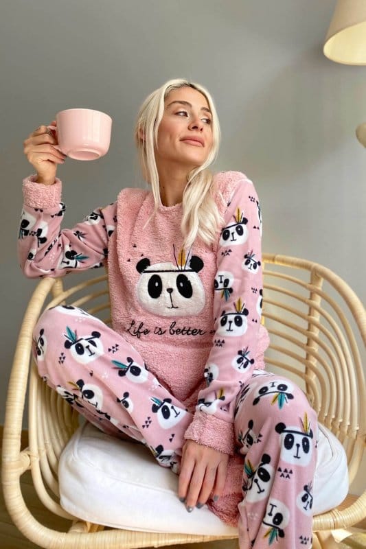 Pembe Life Panda Desenli Kadın Peluş Pijama Takımı