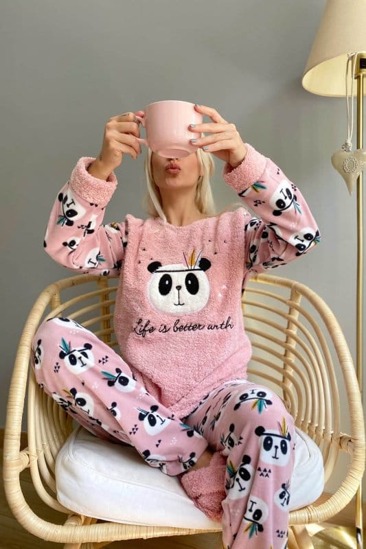 Pembe Life Panda Desenli Kadın Peluş Pijama Takımı