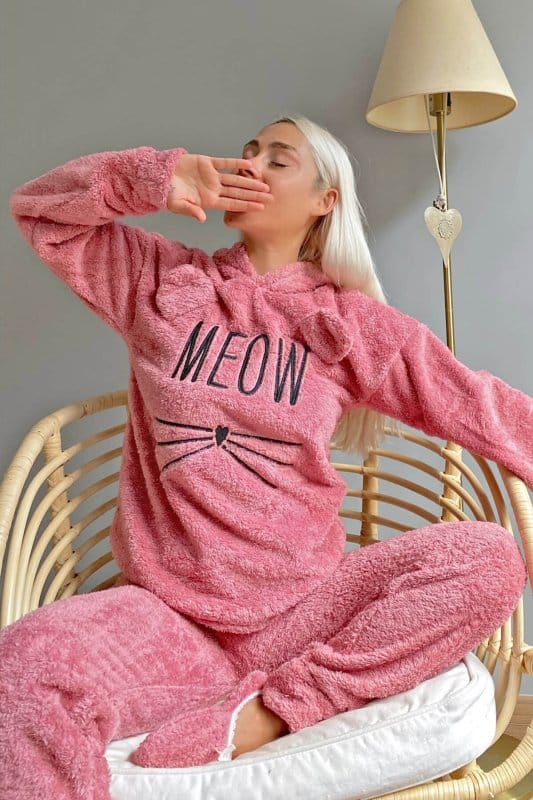 Pembe Meow Desenli Tam Peluş Pijama Takımı