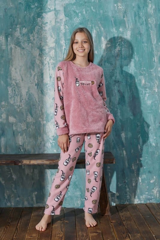 Pembe Milk Desenli Kız Çocuk Peluş Pijama Takımı