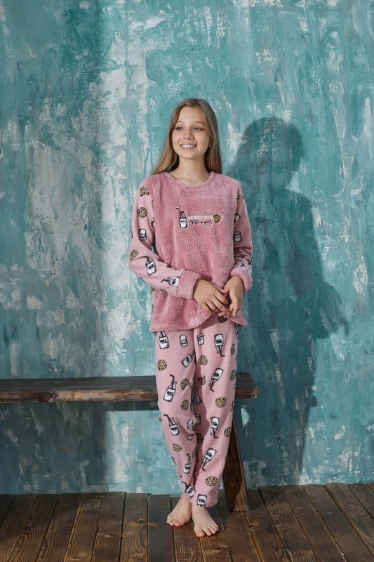 Pembe Milk Desenli Kız Çocuk Peluş Pijama Takımı