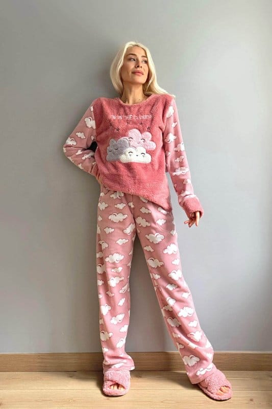 Pembe Moon Cloud Desenli Kadın Peluş Pijama Takımı