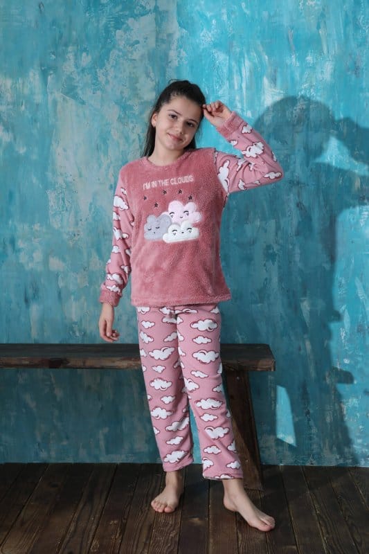 Pembe Moon Cloud Desenli Kız Çocuk Peluş Pijama Takımı