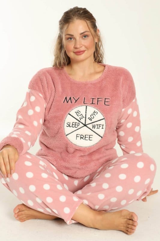 Pembe My Life Desenli Büyük Beden Battal Peluş Pijama Takımı