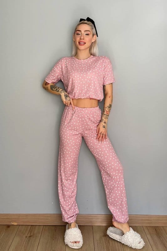 Pembe Point Desenli Örme Crop Kısa Kol Kadın Pijama Takımı