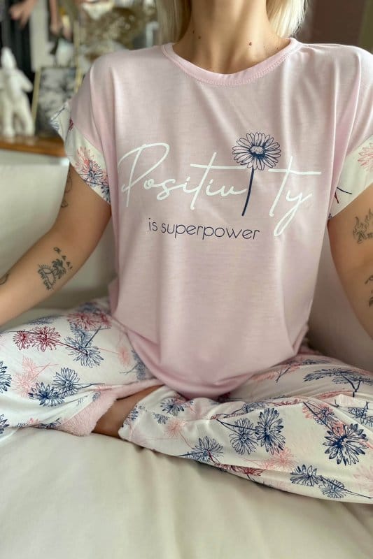 Pembe Positivity Baskılı Örme Kısa Kol Kadın Pijama Takımı