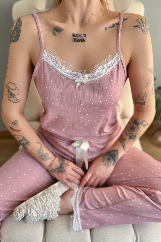 Pembe Puan Papatya Dantelli İp Askılı Örme Kadın Pijama Takımı