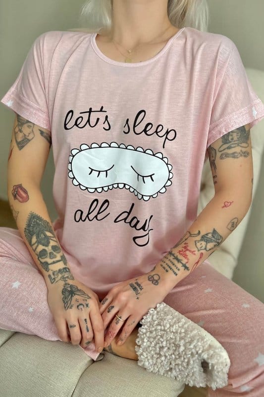 Pembe Sleep Baskılı Örme Kısa Kollu Kadın Pijama Takımı