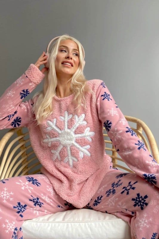 Pembe Snefnug Desenli Kadın Peluş Pijama Takımı