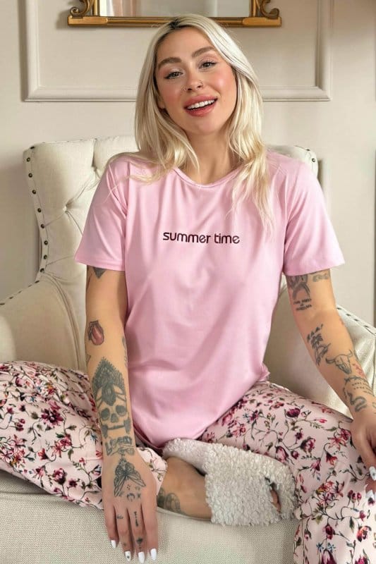 Pembe Summer Time Desenli Kısa Kollu Örme Kadın Pijama Takımı