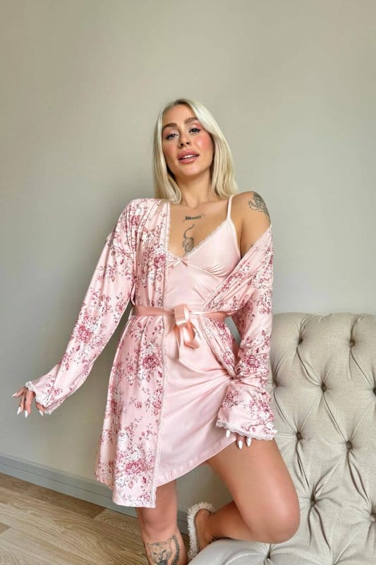 Pembe Svila Exclusive Örme Sabahlıklı Gecelik Kadın Pijama Takımı
