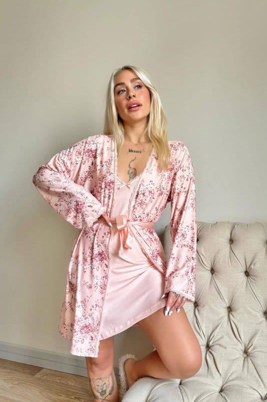 Pembe Svila Exclusive Örme Sabahlıklı Gecelik Kadın Pijama Takımı