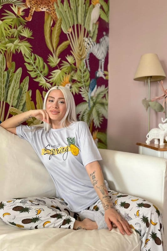 Pineapple Baskılı Kısa Kollu Anne Kız Kombin Pijama Takımı